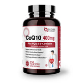 Nature Target CoQ10 bottle shows 400 mg strength and omega-3s for heart support.