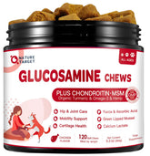 Nature Target dog joint chews bottle shows tasty formula designed for smoother movement.