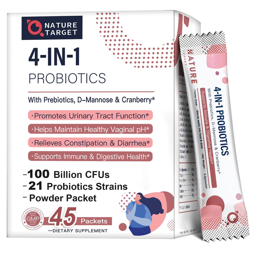 Nature Target Probiotics for Women bottle highlights 100B CFUs for daily balance.