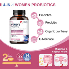 Bottle with label highlighting cranberry and D-mannose for urinary and vaginal health