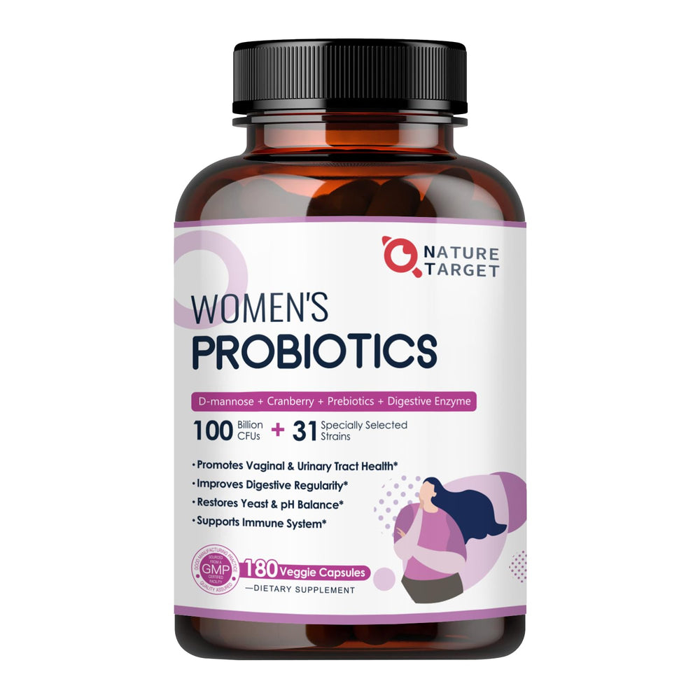 Nature Target Probiotics for Women bottle showcases 180 capsules for daily gut support.
