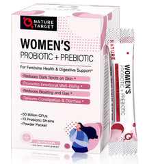 NATURE TARGET Probiotics for Women bottle close-up showcasing 50B CFU and 13 strains.