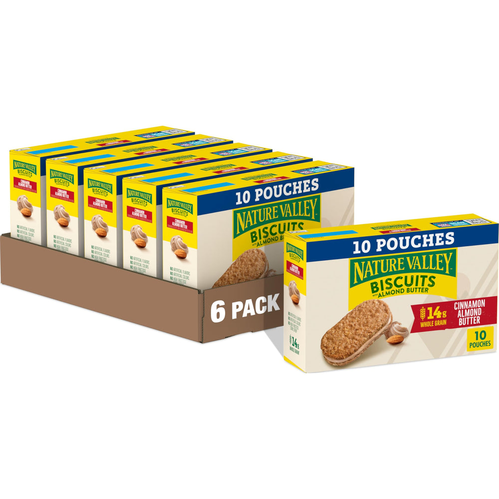 Nature Valley Cinnamon Almond Butter Biscuit Sandwich pack6, portable breakfast option.