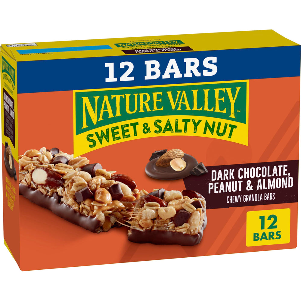 Nature Valley dark chocolate peanut almond bar pack on pantry shelf.