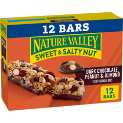 Nature Valley dark chocolate peanut almond bar pack on pantry shelf.