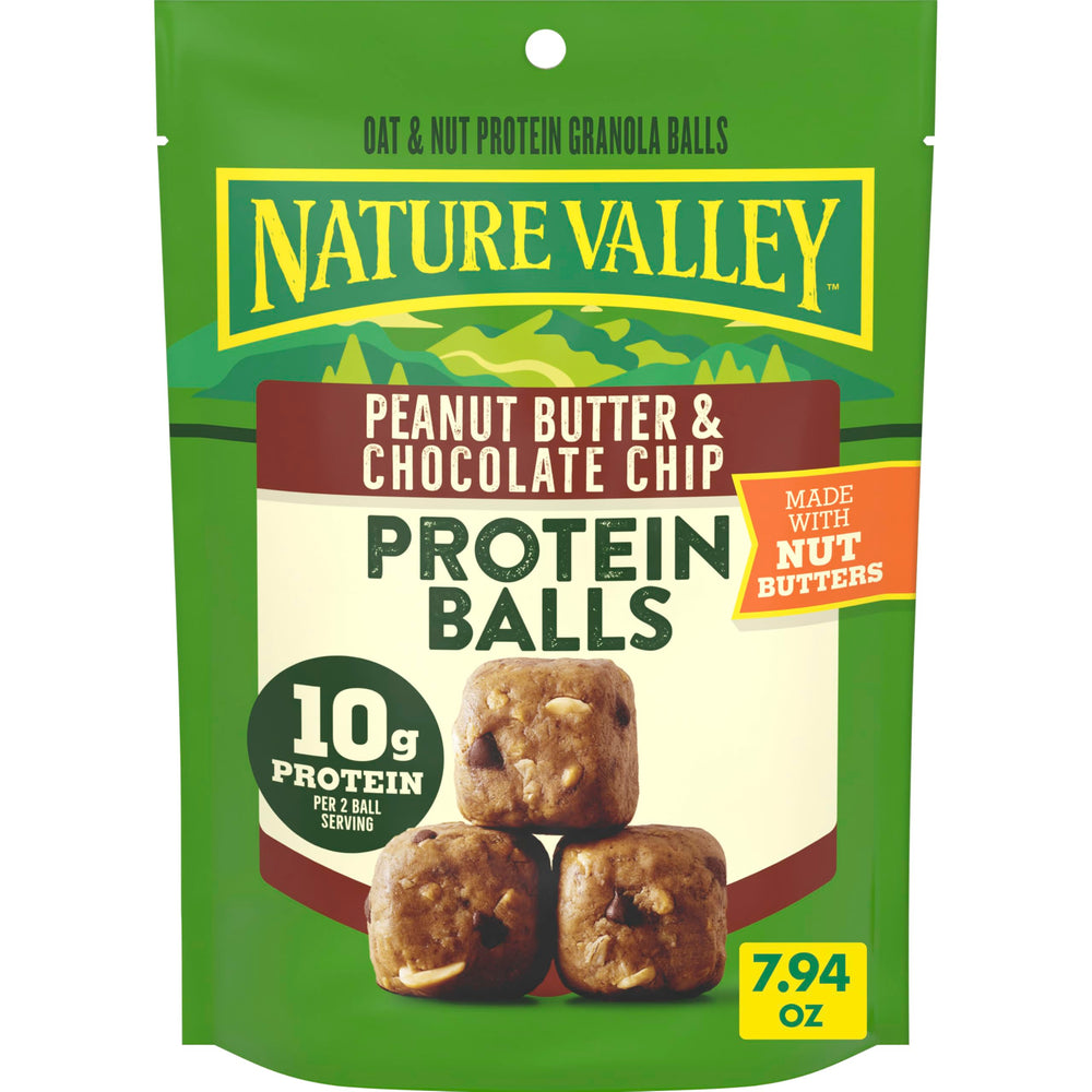 Nature Valley Oat and Nut Protein Granola Balls packaging showing peanut butter and chocolate chips for on-the-go snacking