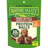 Nature Valley Oat and Nut Protein Granola Balls packaging showing peanut butter and chocolate chips for on-the-go snacking