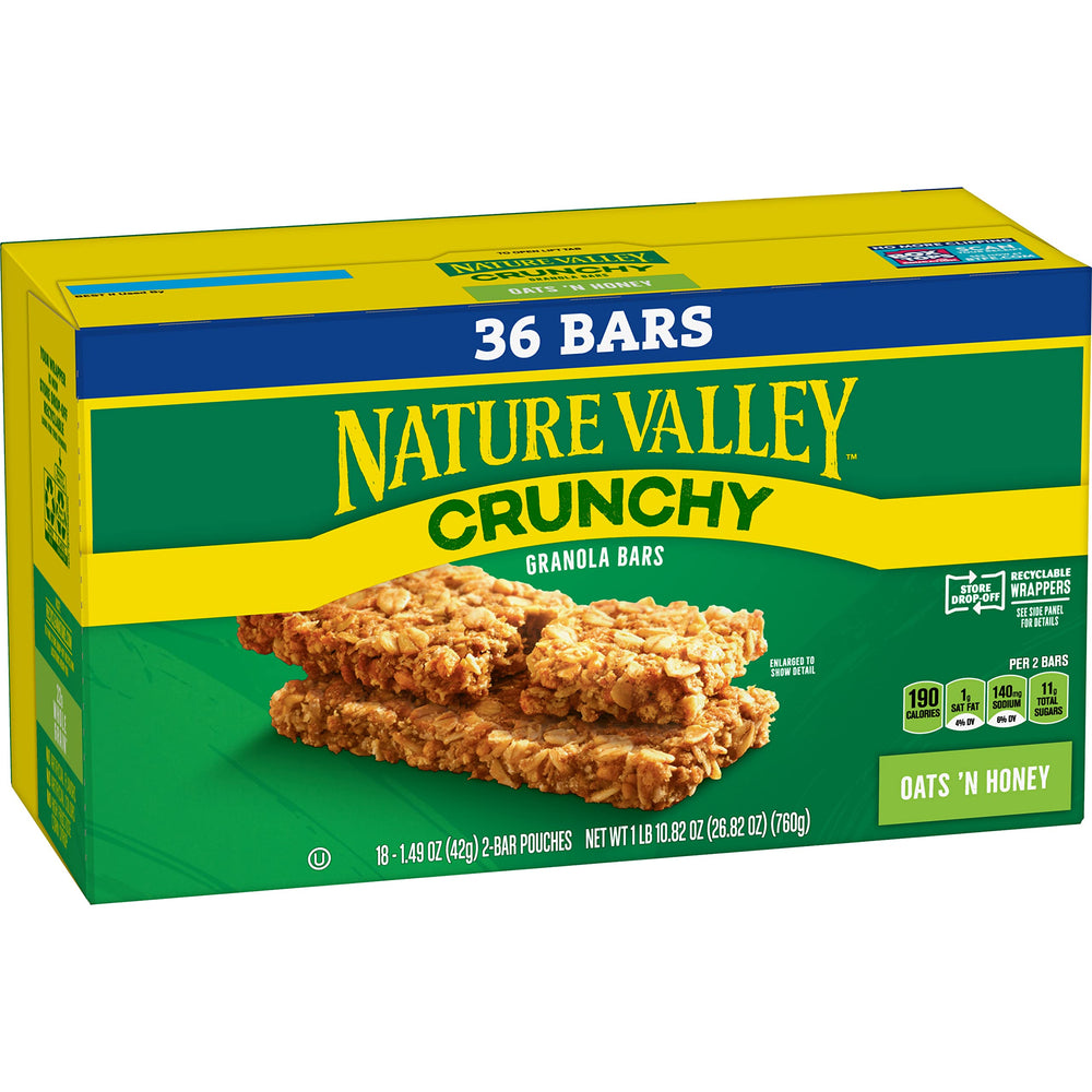Nature Valley Oats 'n Honey packaging shows convenient grab-and-go snack.