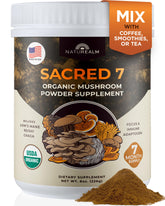 Naturealm Sacred 7 container on counter supports daily focus and wellness.