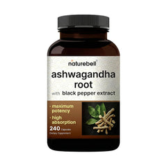 NatureBell Ashwagandha capsules bottle close-up for calmness support.
