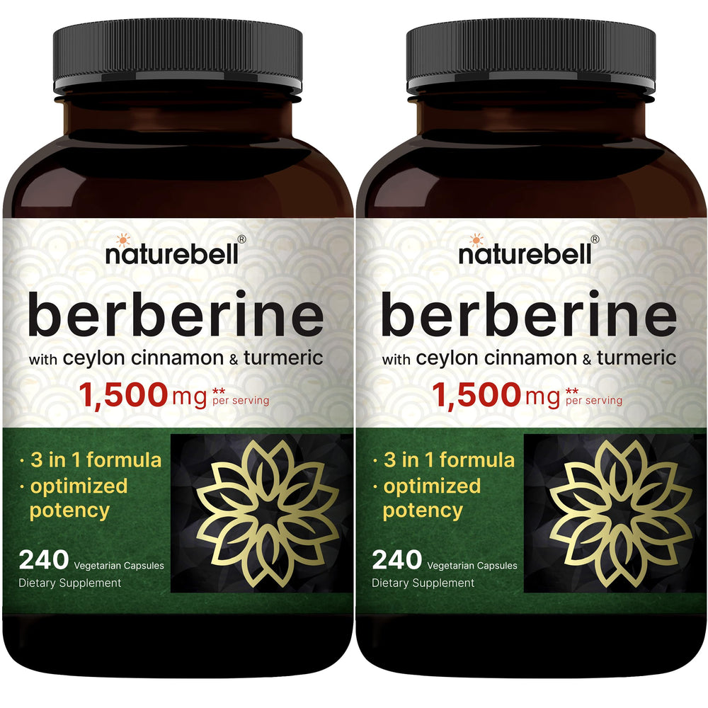 NatureBell Berberine supplement bottle with two-pack display may support balanced sugar levels.