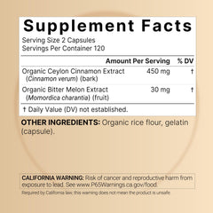 NatureBell capsules close-up showing two-in-one cinnamon and bitter melon formula.