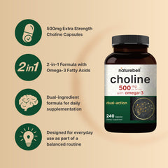 NatureBell Choline Omega-3 bottle front view for convenient daily use.