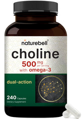 NatureBell Choline Omega-3 bottle pour for easy daily supplementation.