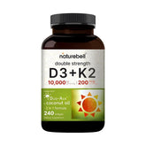 NatureBell D3 + K2 softgels bottle promotes bone health and immune support.