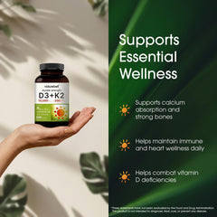 Close-up of D3 + K2 capsules aiding calcium uptake.