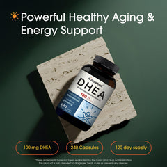 Close-up of NatureBell DHEA 100mg capsules for easy daily supplementation.