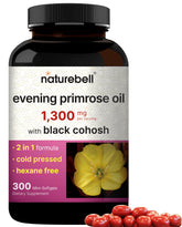NatureBell Evening Primrose Oil bottle highlighting 1,300mg per serving for skin and wellness.