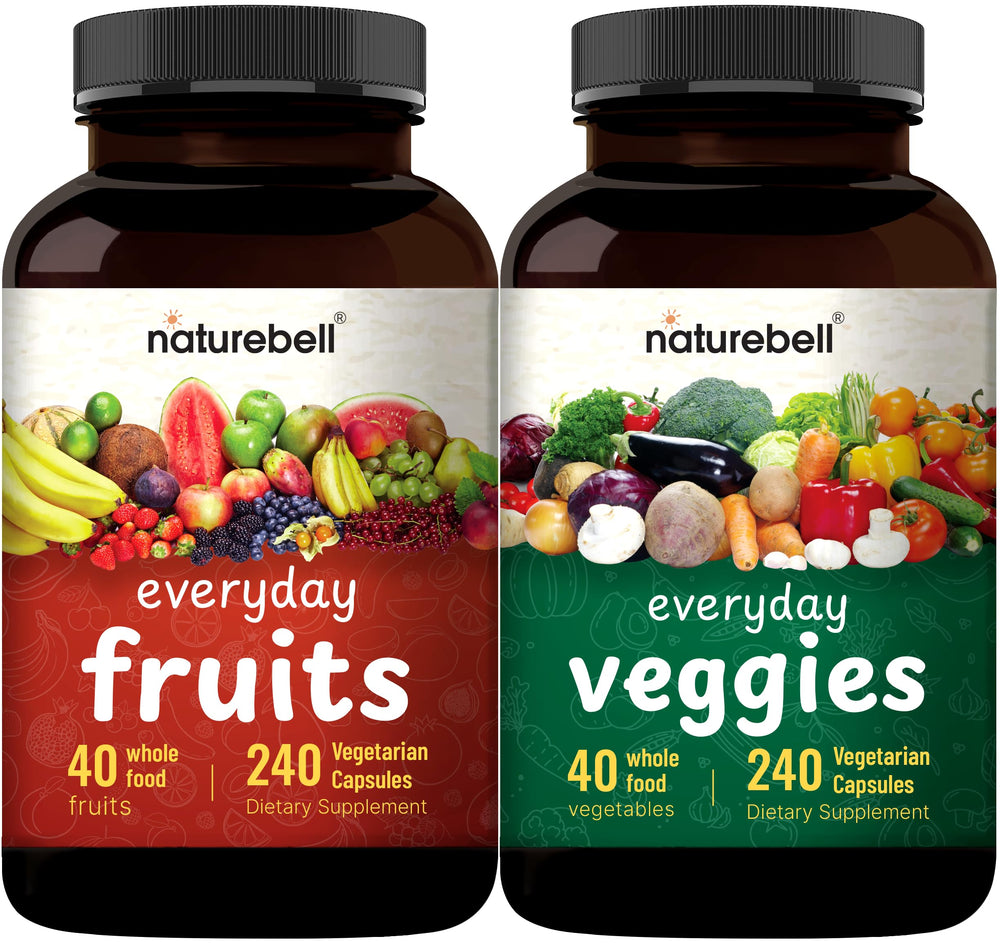 NatureBell fruit-veggies supplement bottle highlights 40-fruit blend for daily nutrition.