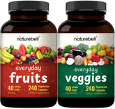 NatureBell fruit-veggies supplement bottle highlights 40-fruit blend for daily nutrition.