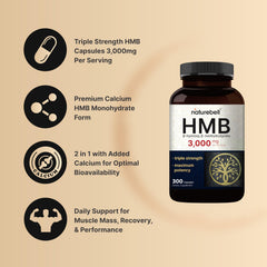 NatureBell HMB 3,000mg bottle label shows calcium-associated absorption benefits.
