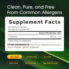 NatureBell L-Theanine bottle back lists ingredients and allergen information for transparency.