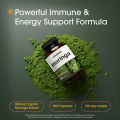 Close-up of NatureBell Moringa label highlighting organic ingredients for daily wellness.
