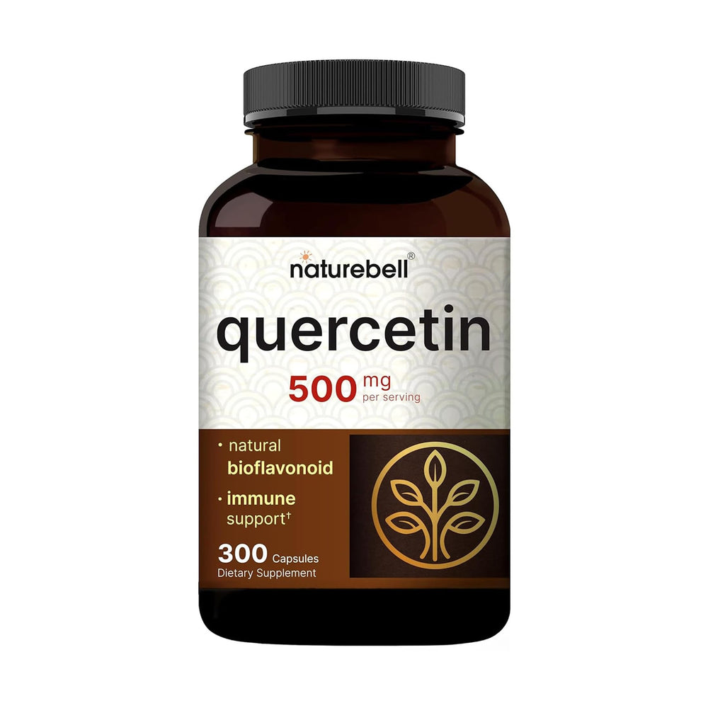 NatureBell Quercetin 500mg bottle closeup highlighting premium capsules for daily immune support.