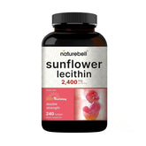 NatureBell Sunflower Lecithin bottle shows 2,400mg softgels for daily lactation support.