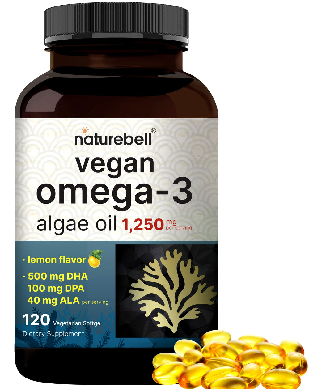 NatureBell vegan omega-3 algae oil softgels with lemon flavor for daily support.