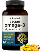 NatureBell vegan omega-3 algae oil softgels with lemon flavor for daily support.