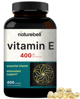 NatureBell Vitamin E Softgels bottle label showing 400 IU per serving for daily antioxidant support.