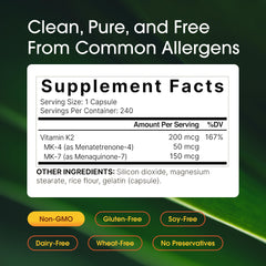 NatureBell Vitamin K2-240 packaging showing non-GMO and allergen-free features.