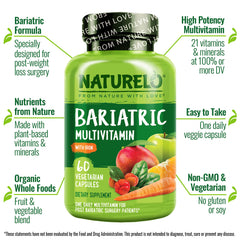 Naturelo Bariatric Multivitamin bottle back label with supplement facts for post-op