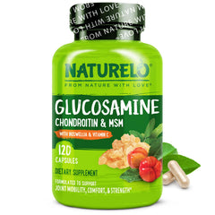 Naturelo glucosamine chondroitin msm bottle label indicates premium joint support