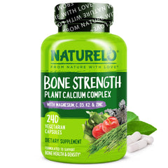 NATURELO calcium supplement bottle highlights plant-based calcium for bone support.