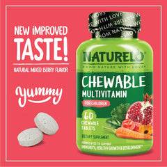 Naturelo chewable kids multivitamin bottle label close-up highlighting berry flavor.
