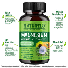 Naturelo magnesium glycinate capsules close-up showing gentle absorption.