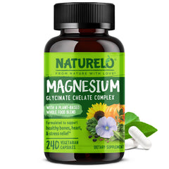 Naturelo Magnesium Glycinate Chelate bottle promoting calm and sleep support.