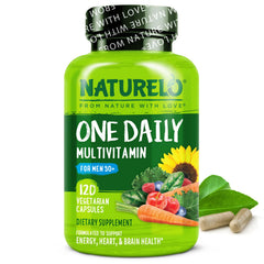 NATURELO Men's Multivitamin 50+ bottle promotes daily vitality with plant-based nutrients