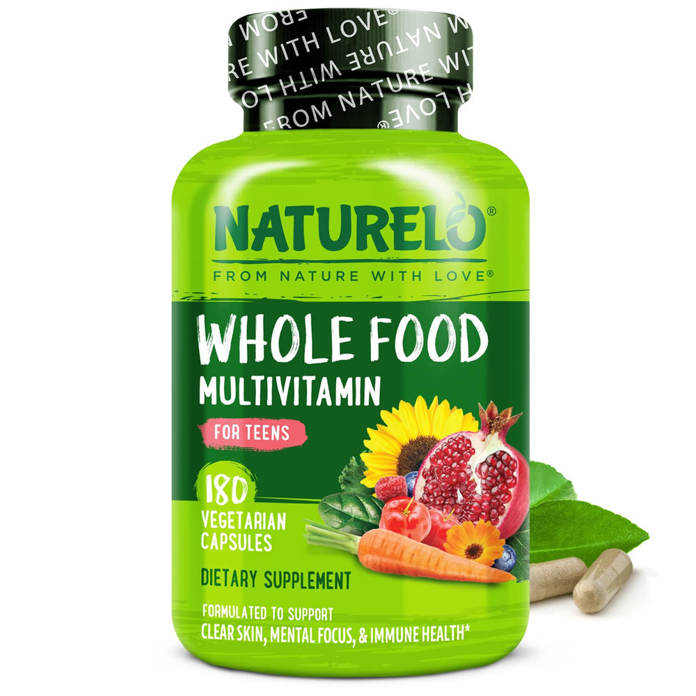 Naturelo Teen Multivitamins bottle front showing plant-based formulation for growing teens.
