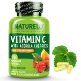 NATURELO Vitamin C acerola bottle highlights plant-based vitamin C for immune support.