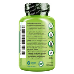 NATURELO Vitamin C acerola graphic shows citrus bioflavonoids boosting absorption potential.