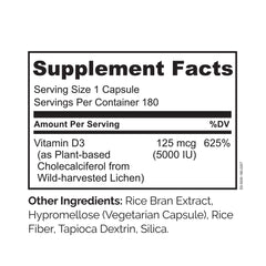 Front label highlights vegan D3 sourced from lichen for clean supplementation