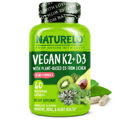 Naturelo Vitamin D3 K2 bottle front showing vegan plant based support for daily wellness