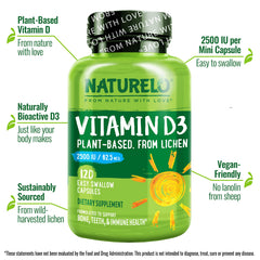 Naturelo Vitamin D3 vegan label emphasizes lichen-sourced, non-GMO D3.