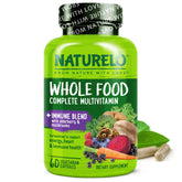 Naturelo Whole Food Multivitamin immune bottle shows vegan capsules for daily immune support