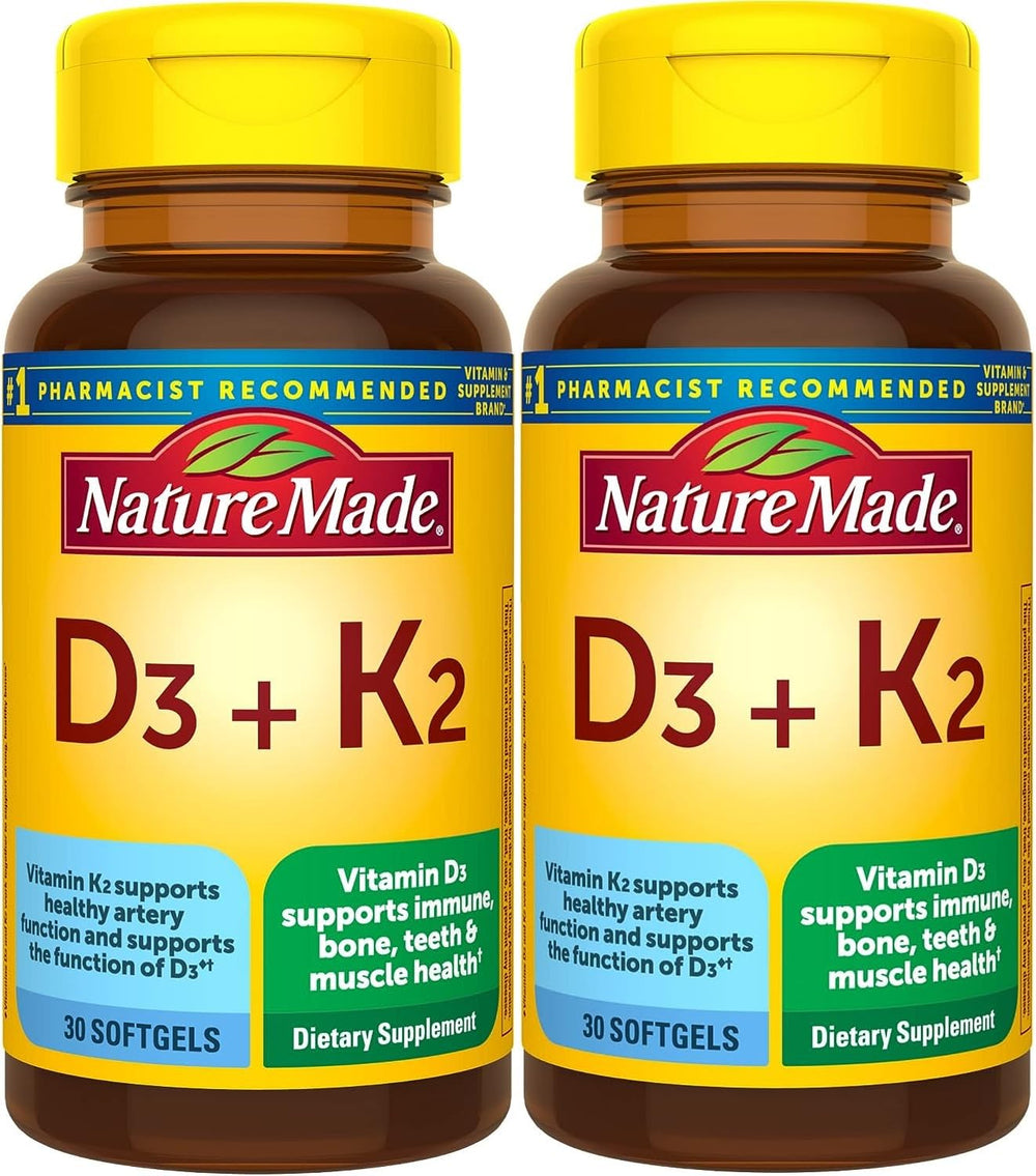 Nature Made Vitamin D3 K2 softgels bottle front view for immune and bone health support.