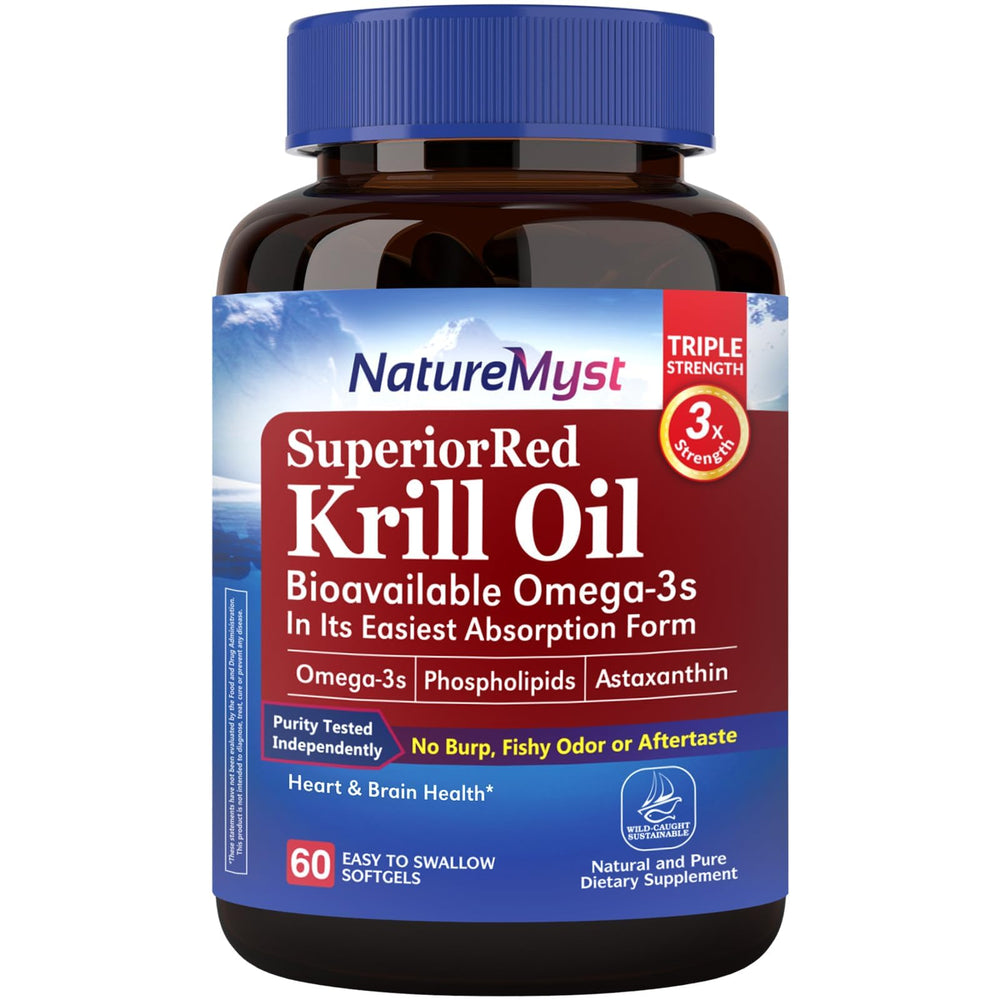 NatureMyst Krill Oil softgels bottle shown for high-potency omega-3 support