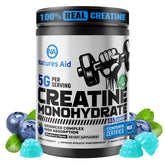 Nature's Aid Creatine Monohydrate Gummies bottle on counter supports workout energy